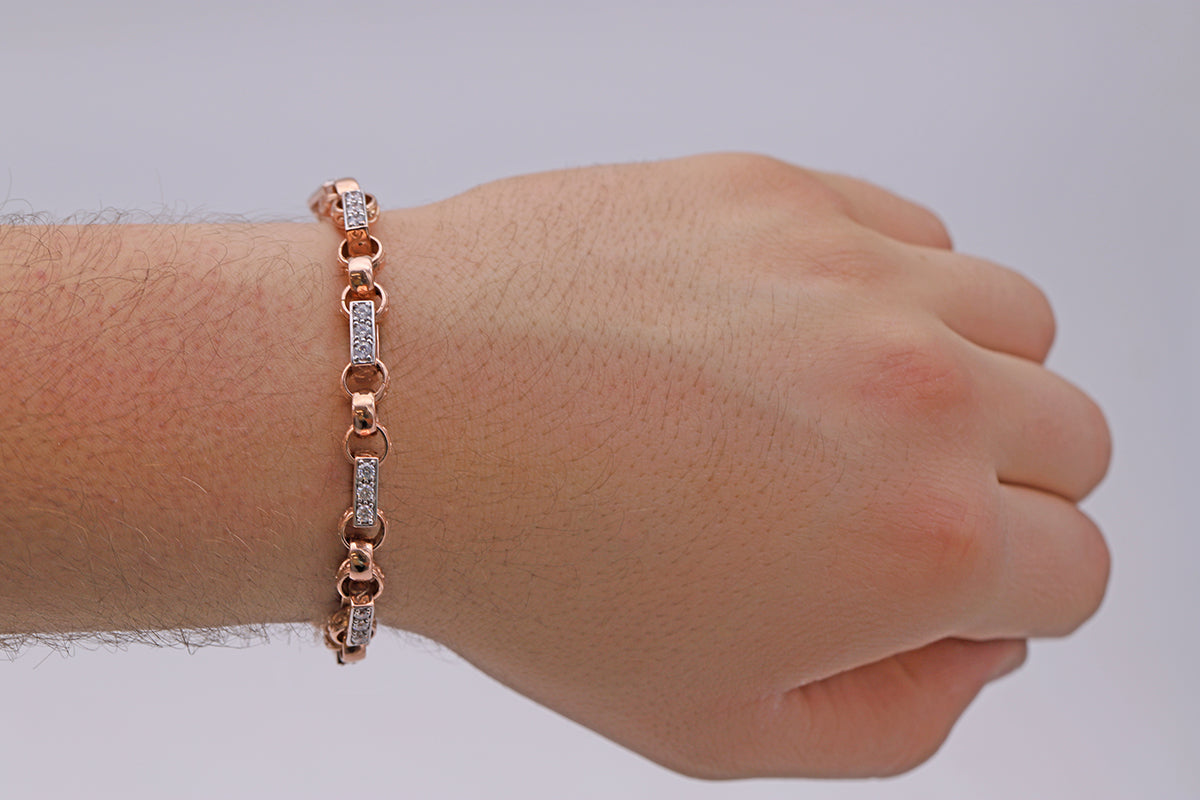 9ct Rose Gold Belcher Square Link CZ Bracelet -8.5"