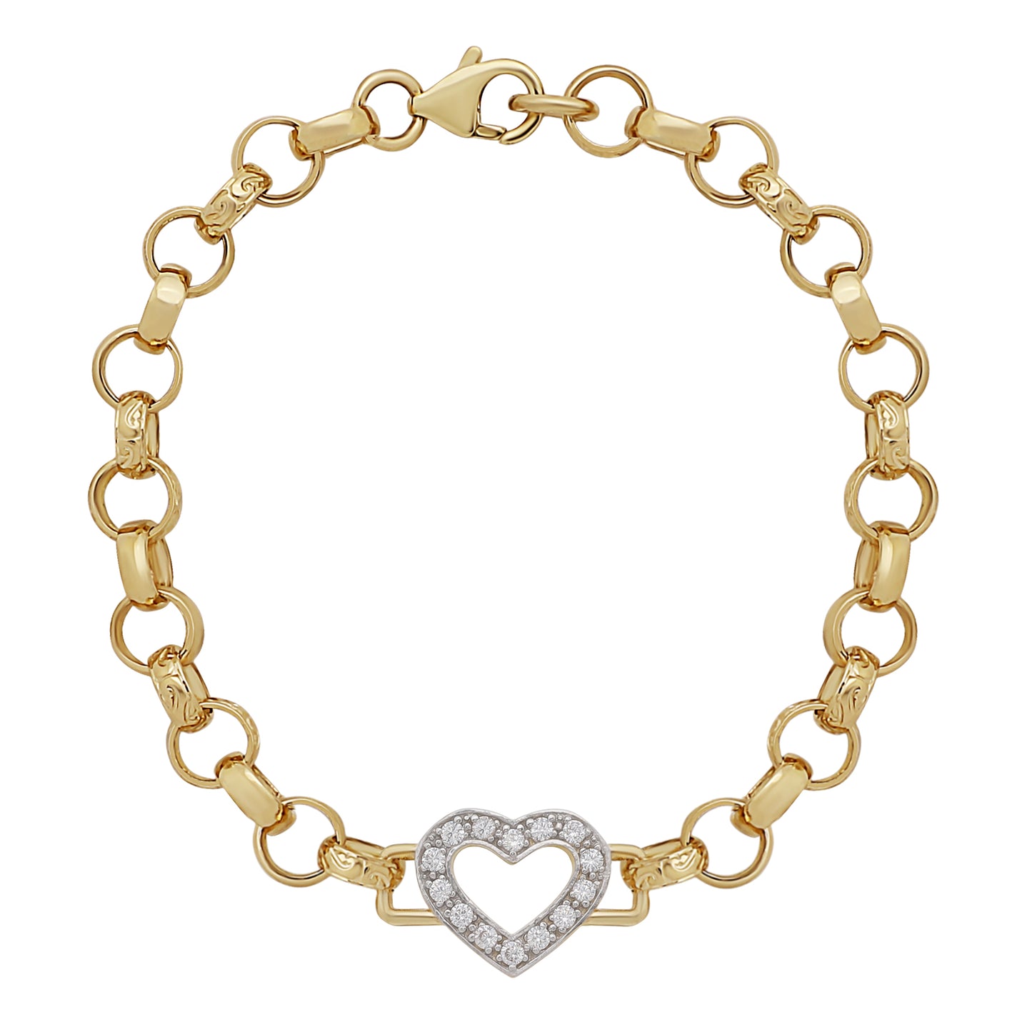 9ct Yellow Single Heart Gemset Belcher Polished Link Bracelet-6.5"