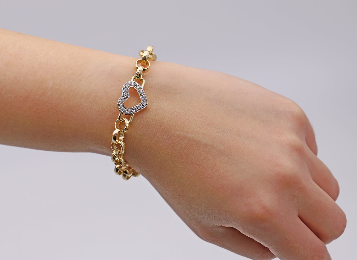 9ct Yellow Single Heart Gemset Belcher Polished Link Bracelet-6.5"