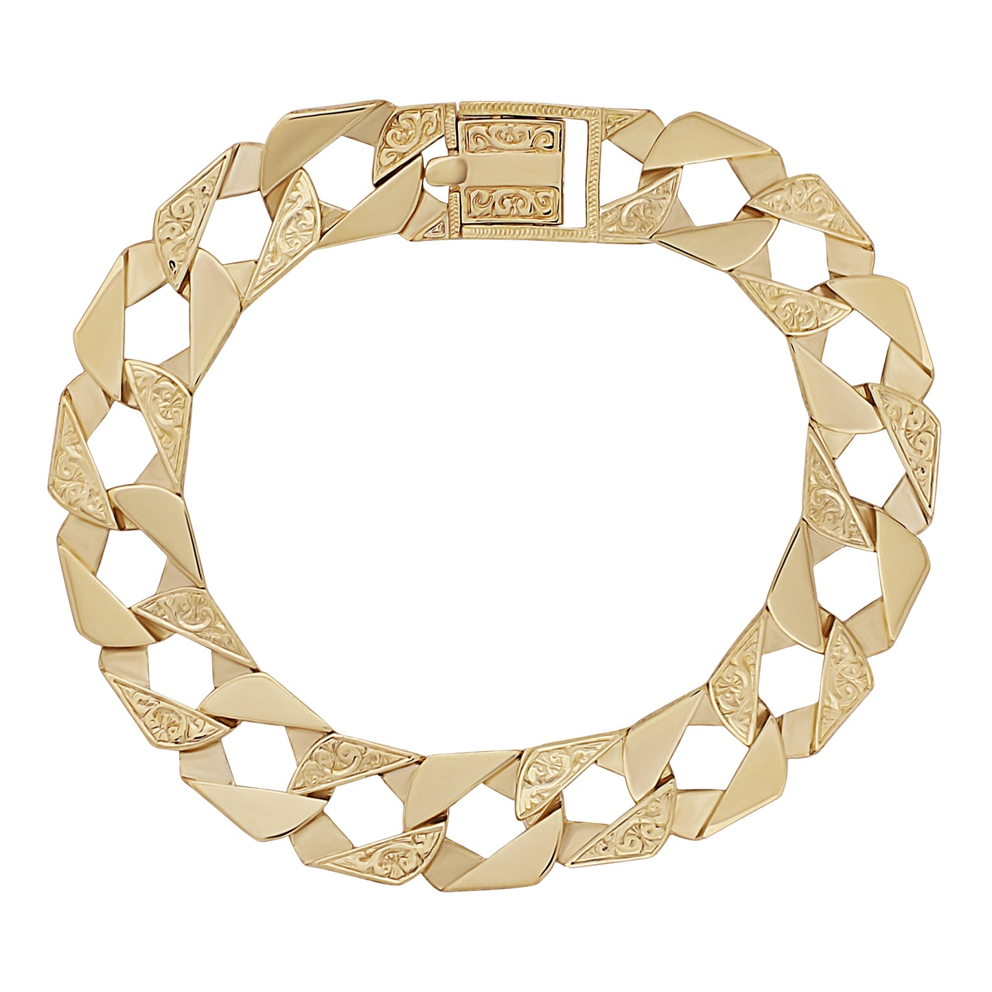 9ct Yellow Gold Scroll Square/Ornate Curb 13.5mm Bracelet - 8.5"