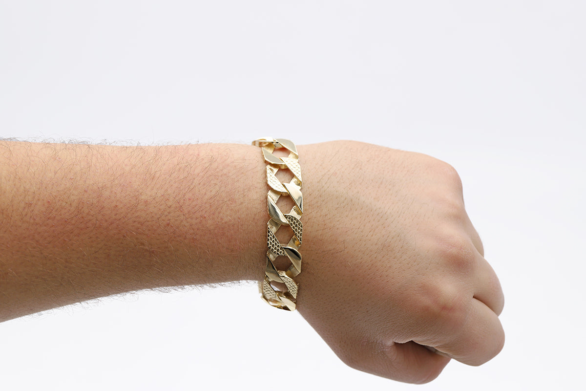9ct Yellow Gold Textured Square Curb 15mm Bracelet -8.5"