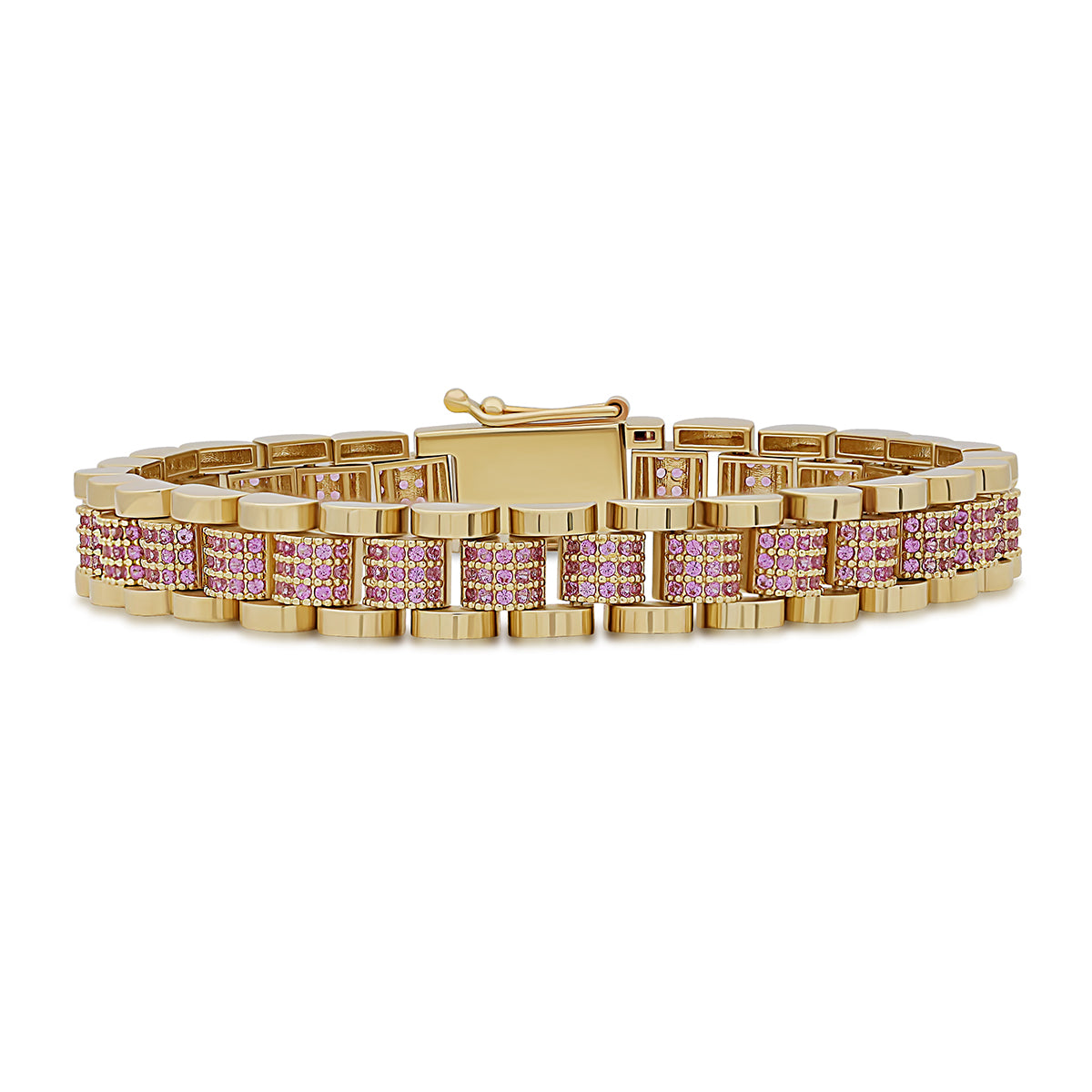 9ct Yellow Gold Rolex Style Pink Gem-Set Presidential 8.5mm Bracelet- 7"