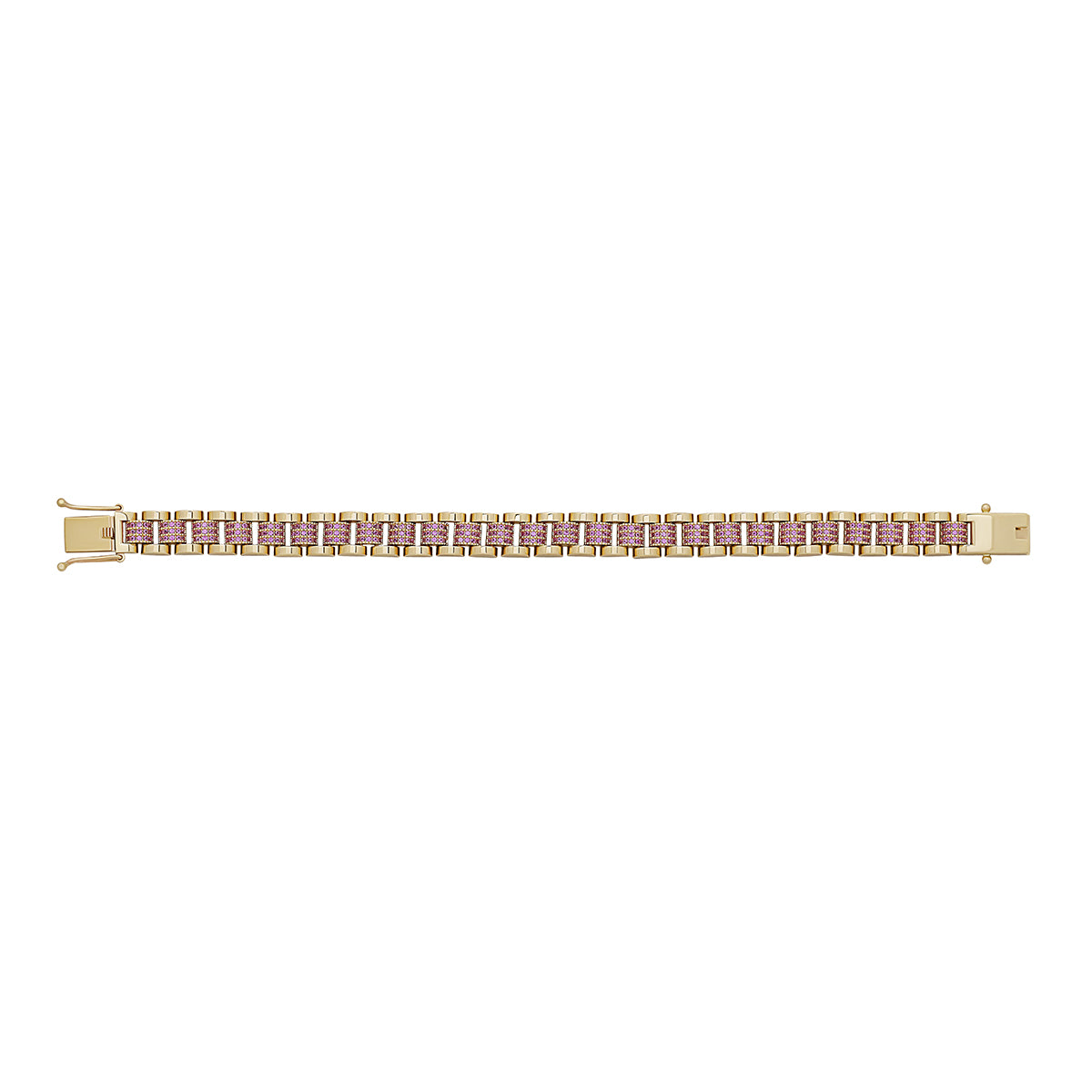 9ct Yellow Gold Rolex Style Pink Gem-Set Presidential 8.5mm Bracelet- 7"