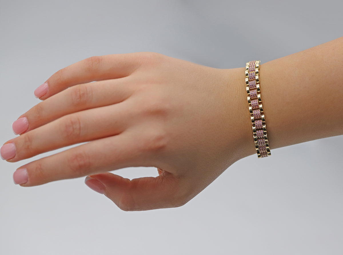 9ct Yellow Gold Rolex Style Pink Gem-Set Presidential 8.5mm Bracelet- 7"