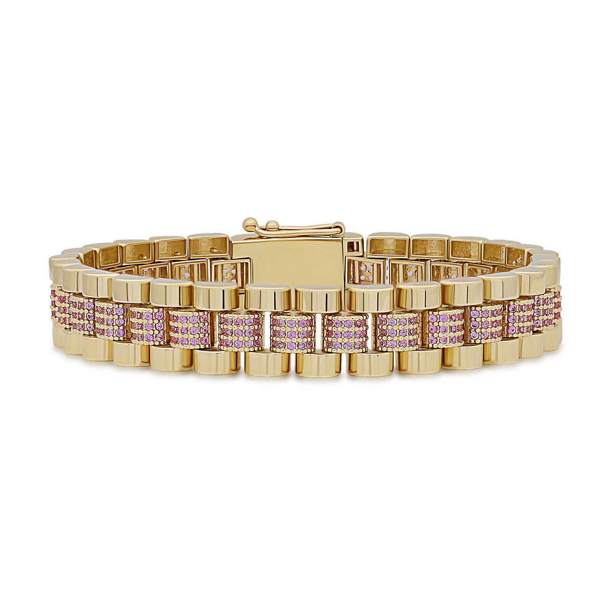 9ct Yellow Gold Rolex Style Pink Gem-Set Presidential 11mm Bracelet- 7.5"