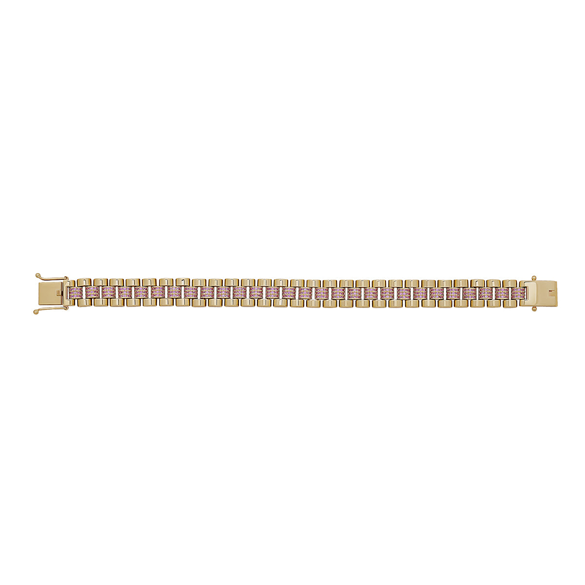 9ct Yellow Gold Rolex Style Pink Gem-Set Presidential 11mm Bracelet- 7.5"