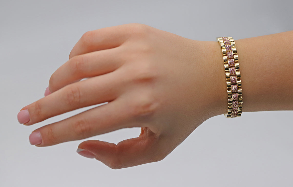 9ct Yellow Gold Rolex Style Pink Gem-Set Presidential 11mm Bracelet- 7.5"