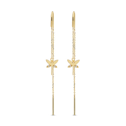 9ct Yellow Gold Pull Through Drop Gem-Set Dragonfly Earrings