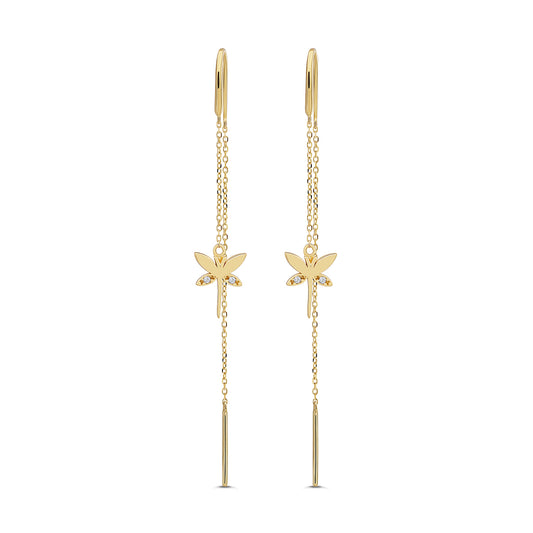 9ct Yellow Gold Pull Through Drop Gem-Set Dragonfly Earrings