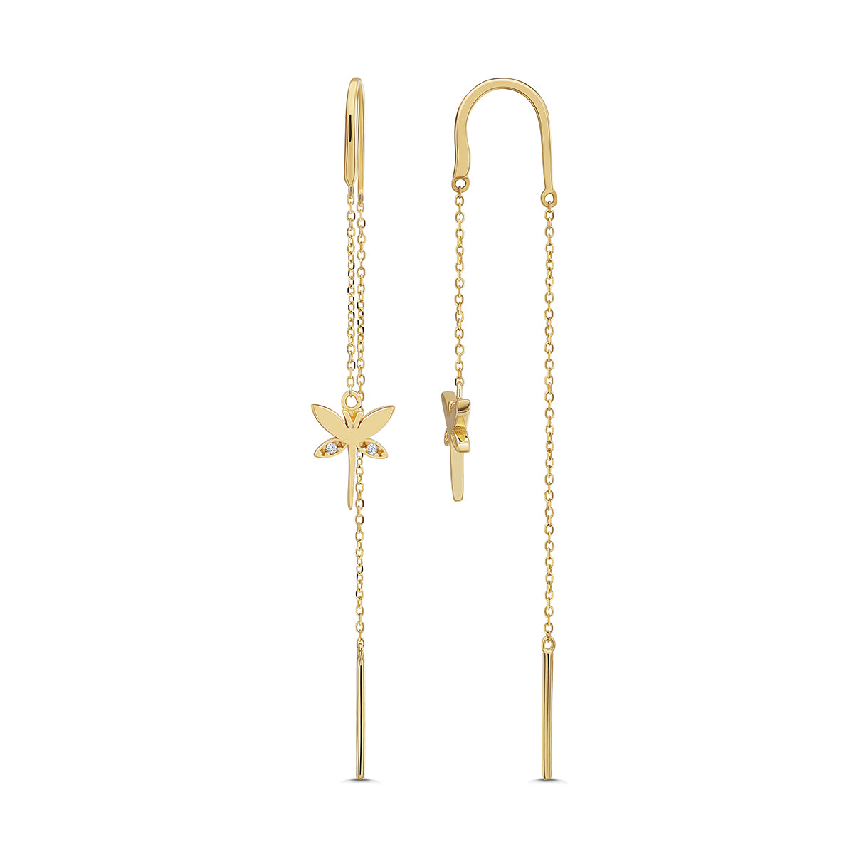 9ct Yellow Gold Pull Through Drop Gem-Set Dragonfly Earrings