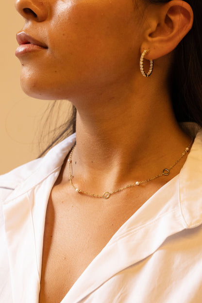 9ct Yellow Gold Circle And Pearl Chain- 16"