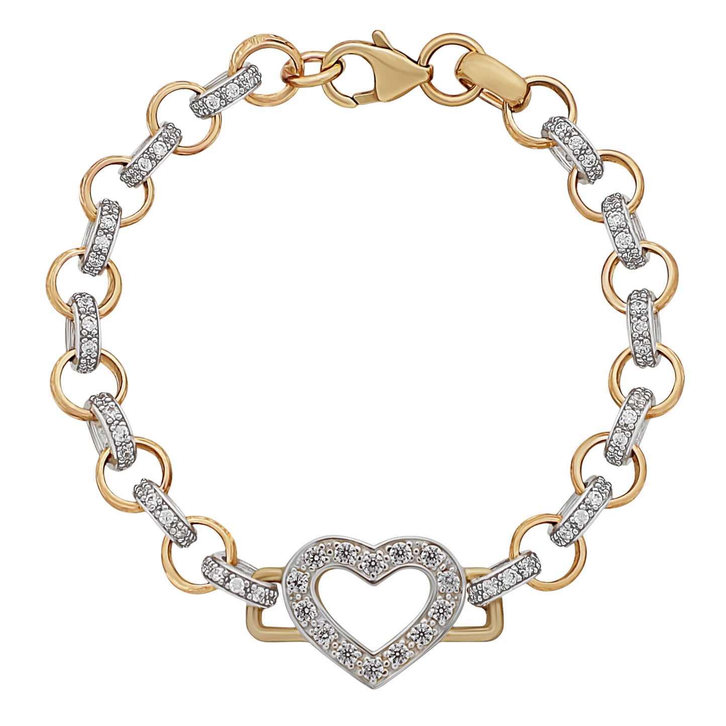 9ct Yellow Gold Gemset SIngle Heart And Belcher Link Bracelet-6.5"