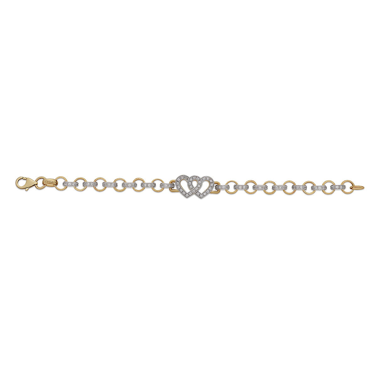 9ct Yellow Gold Gemset Double Heart Belcher Bracelet-6.5"