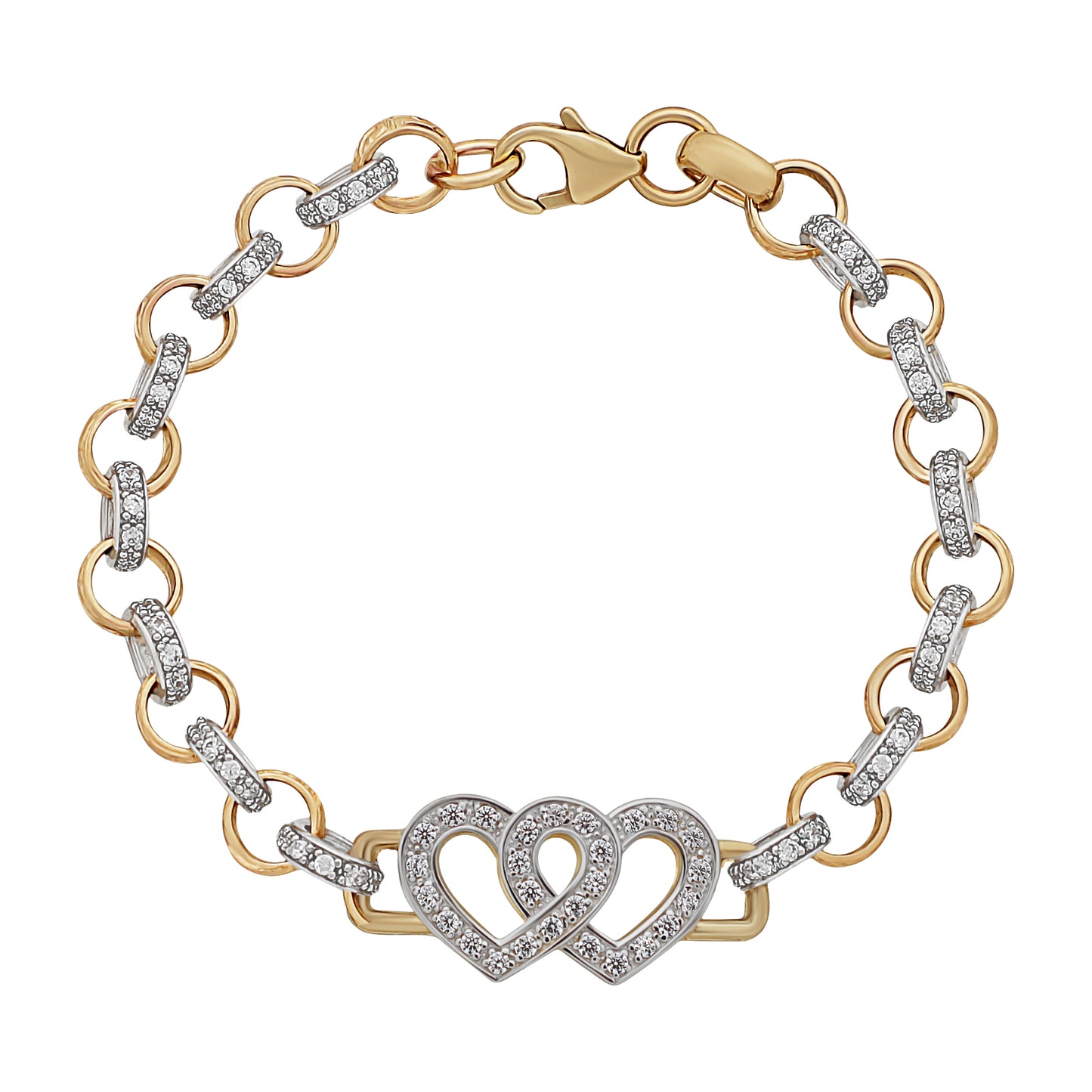 9ct Yellow Gold Gemset Double Heart Belcher Bracelet-6.5"