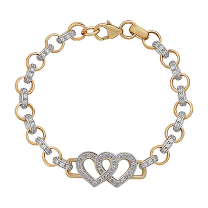 9ct Yellow Gold Gemset Double Heart Belcher Bracelet-6.5"