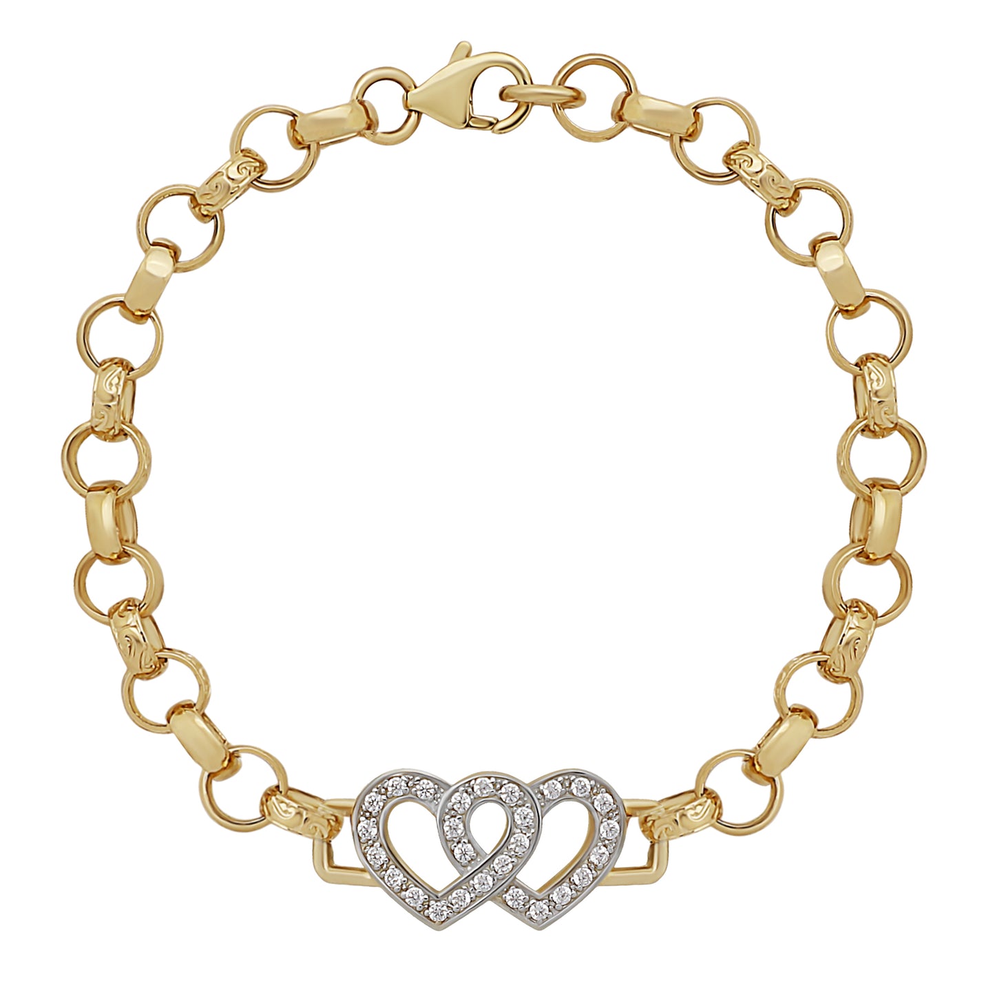 9ct Yellow Gold Original Gemset Double Heart Belcher Bracelet-6.5"