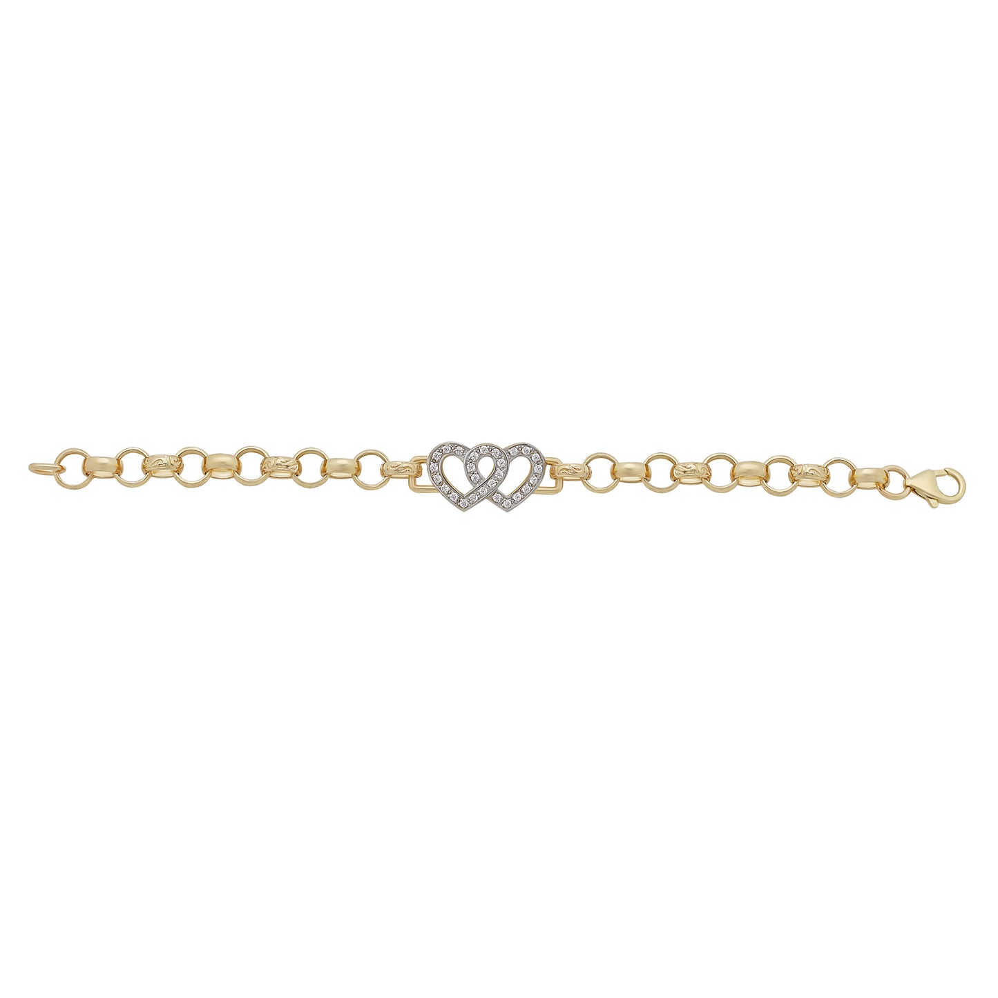 9ct Yellow Gold Original Gemset Double Heart Belcher Bracelet-6.5"