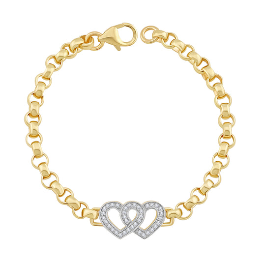 9ct Yellow Gold Small Gem-Set Double Heart Belcher Bracelet