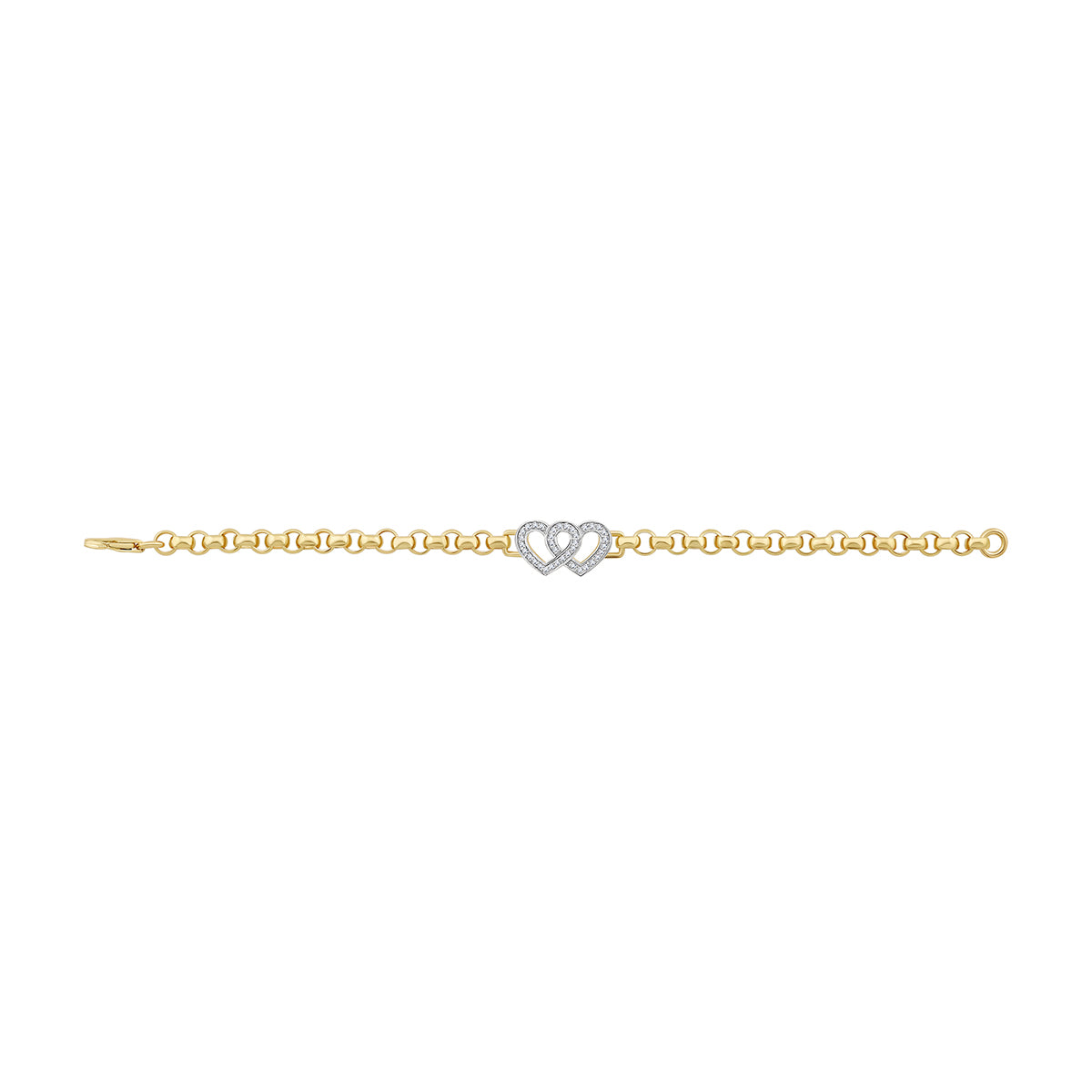 9ct Yellow Gold Small Gem-Set Double Heart Belcher Bracelet