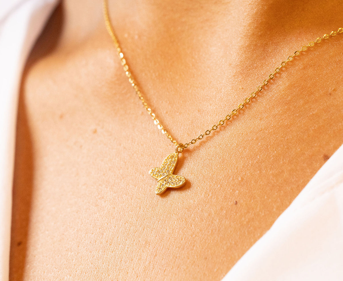 9ct Yellow Gold Gem Set Butterfly Necklace-16"