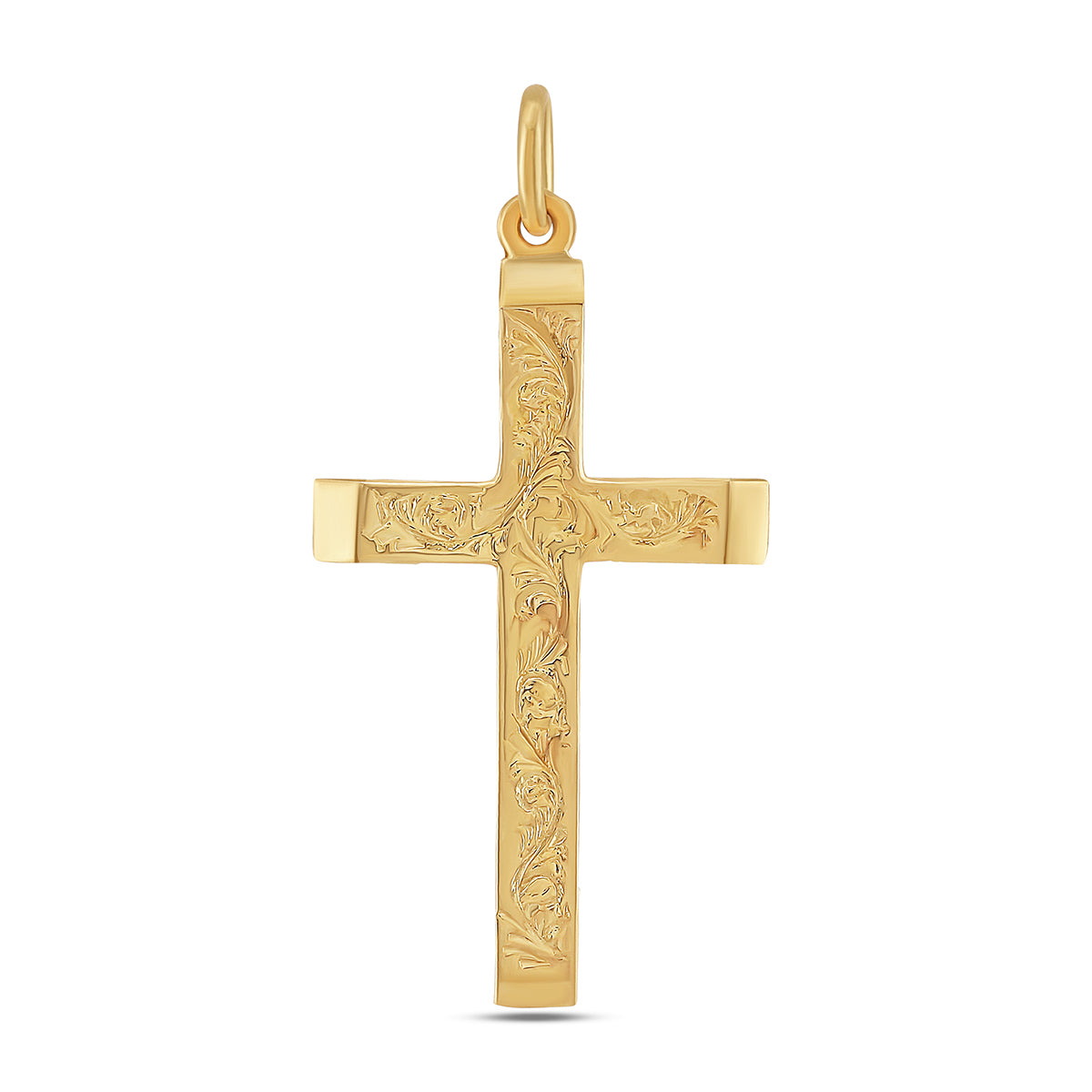 9ct Yellow Gold Ornate Patterned Scroll Bevel Edge Cross Pendant