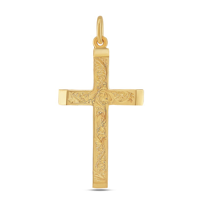 9ct Yellow Gold Ornate Patterned Scroll Bevel Edge Cross Pendant