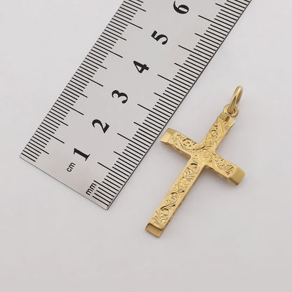 9ct Yellow Gold Ornate Patterned Scroll Bevel Edge Cross Pendant
