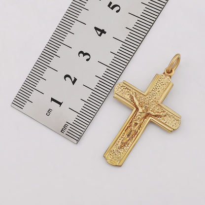 9ct Yellow Gold Patterned & Polished Edge Crucifix Cross Pendant