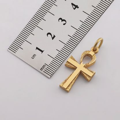 9ct Yellow Gold Patterned & Polished Small Ankh Cross Pendant