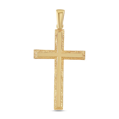 9ct Yellow Gold Scroll Patterned Bevel Edge Large Cross Pendant