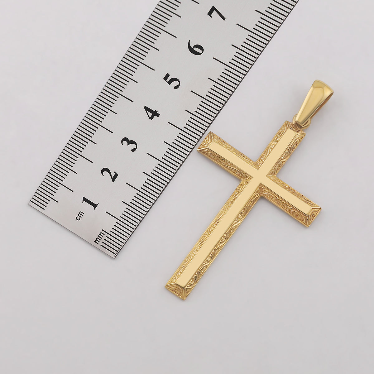 9ct Yellow Gold Scroll Patterned Bevel Edge Large Cross Pendant