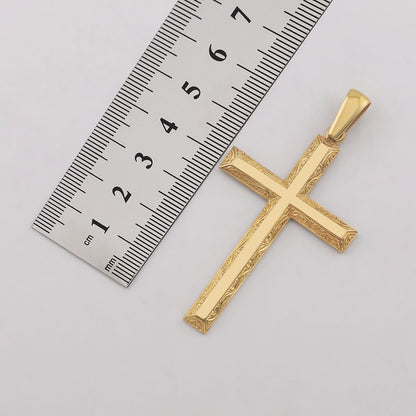 9ct Yellow Gold Scroll Patterned Bevel Edge Large Cross Pendant