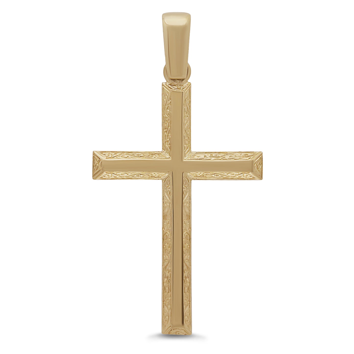 9ct Yellow Gold Scroll Patterned Beveledge Cross Pendant