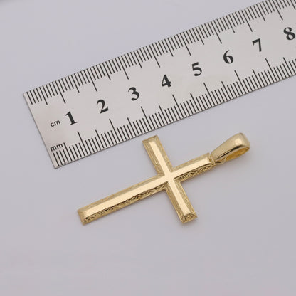 9ct Yellow Gold Scroll Patterned Beveledge Cross Pendant