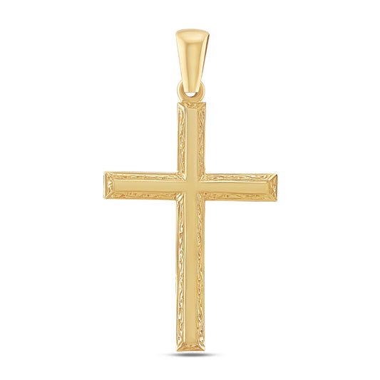 9ct Yellow Gold Scroll Patterned Bevel Edge Small Cross Pendant