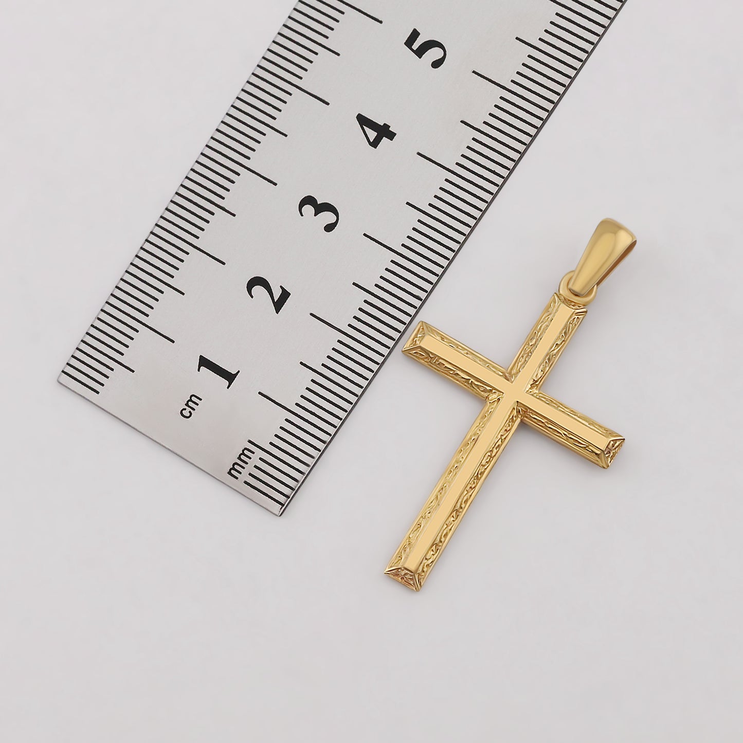 9ct Yellow Gold Scroll Patterned Bevel Edge Small Cross Pendant