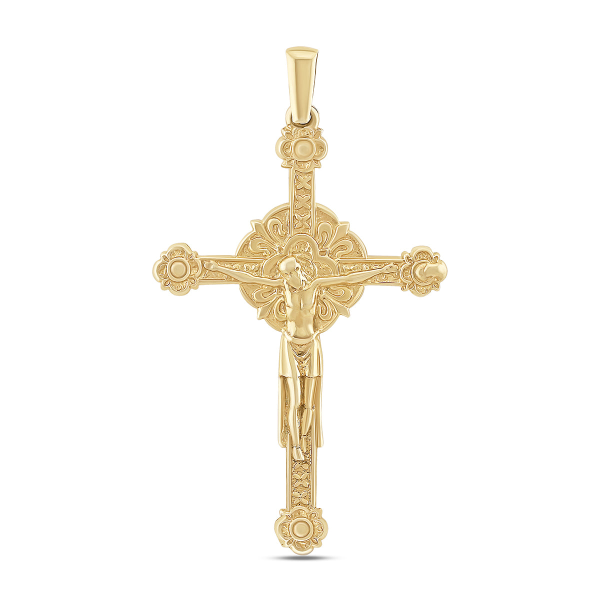 9ct Yellow Gold Floral Large Crucifix Pendant