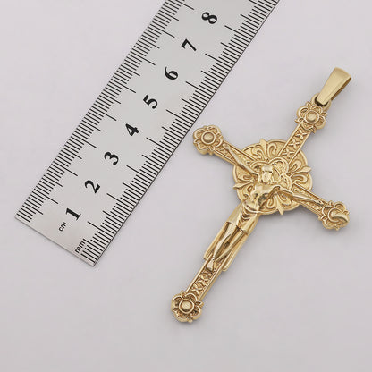 9ct Yellow Gold Floral Large Crucifix Pendant