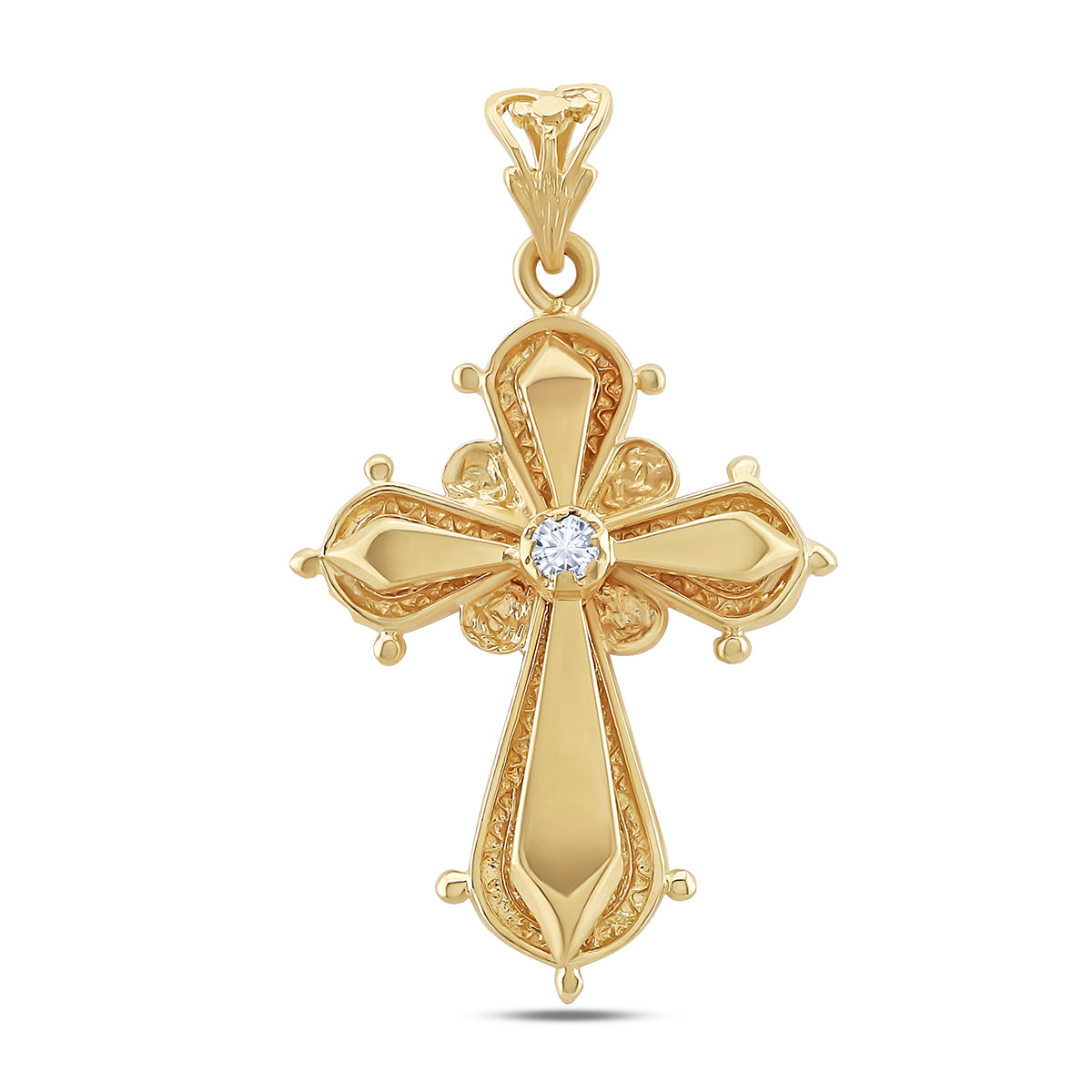 9ct Yellow Gold Polished and Patterned Single Gem Set Small Cross Pendant