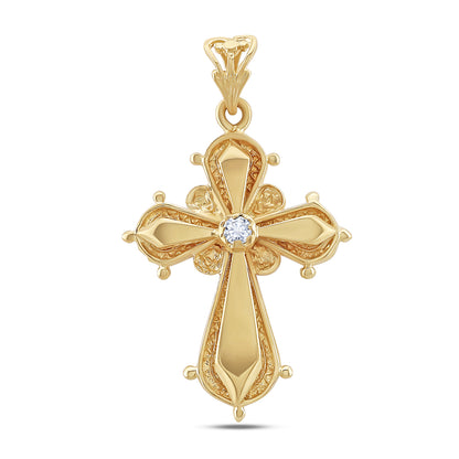9ct Yellow Gold Polished and Patterned Single Gem Set Small Cross Pendant