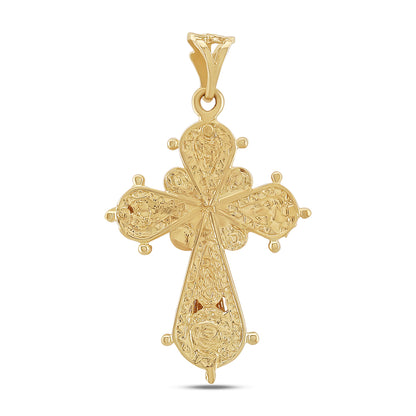 9ct Yellow Gold Polished and Patterned Single Gem Set Small Cross Pendant