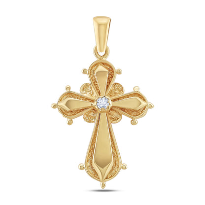 9ct Yellow Gold Polished and Patterned Single Gem Set Small Cross Pendant