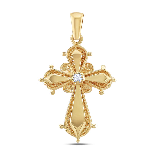 9ct Yellow Gold Polished and Patterned Single Gem Set Small Cross Pendant