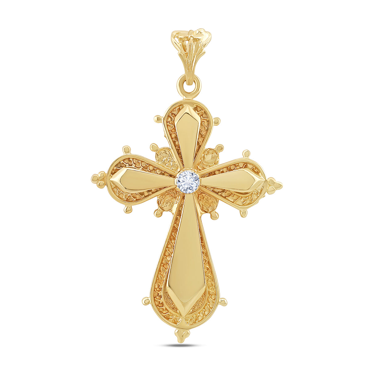 9ct Yellow Gold Polished and Patterned Single Gem Set Medium Cross Pendant