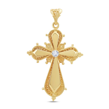9ct Yellow Gold Polished and Patterned Single Gem Set Medium Cross Pendant