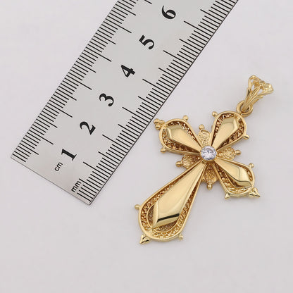 9ct Yellow Gold Polished and Patterned Single Gem Set Medium Cross Pendant