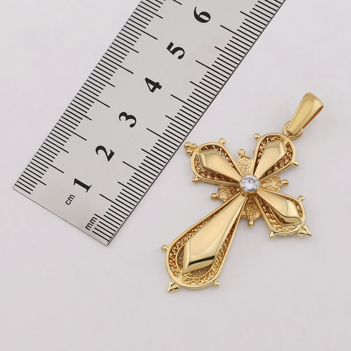 9ct Yellow Gold Polished and Patterned Single Gem Set Medium Cross Pendant
