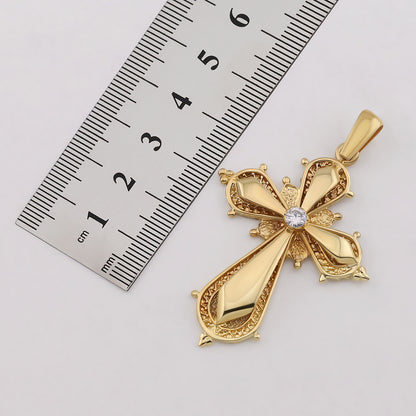 9ct Yellow Gold Polished and Patterned Single Gem Set Medium Cross Pendant