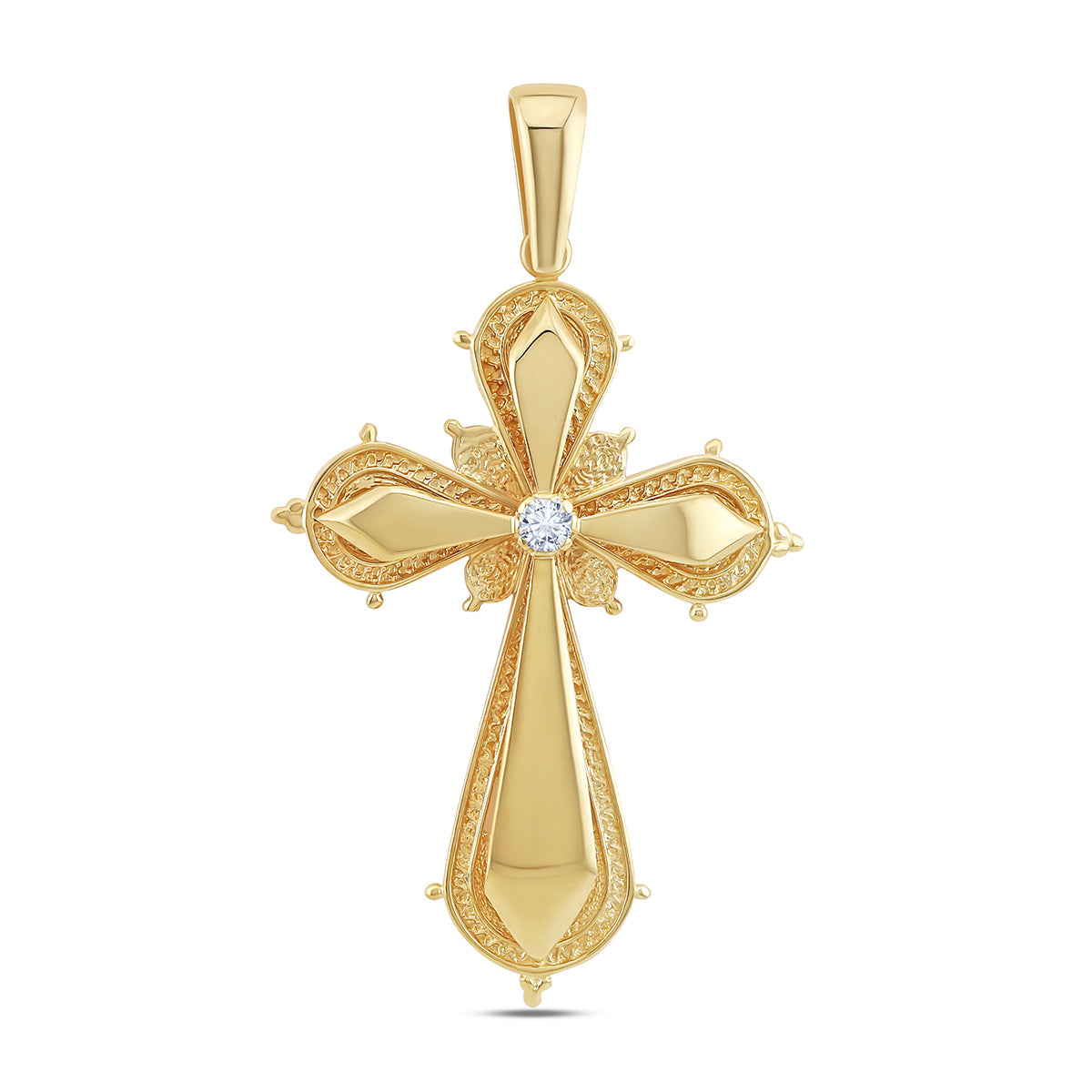 9ct Yellow Gold Polished and Patterned Single Gem Set Large Cross Pendant
