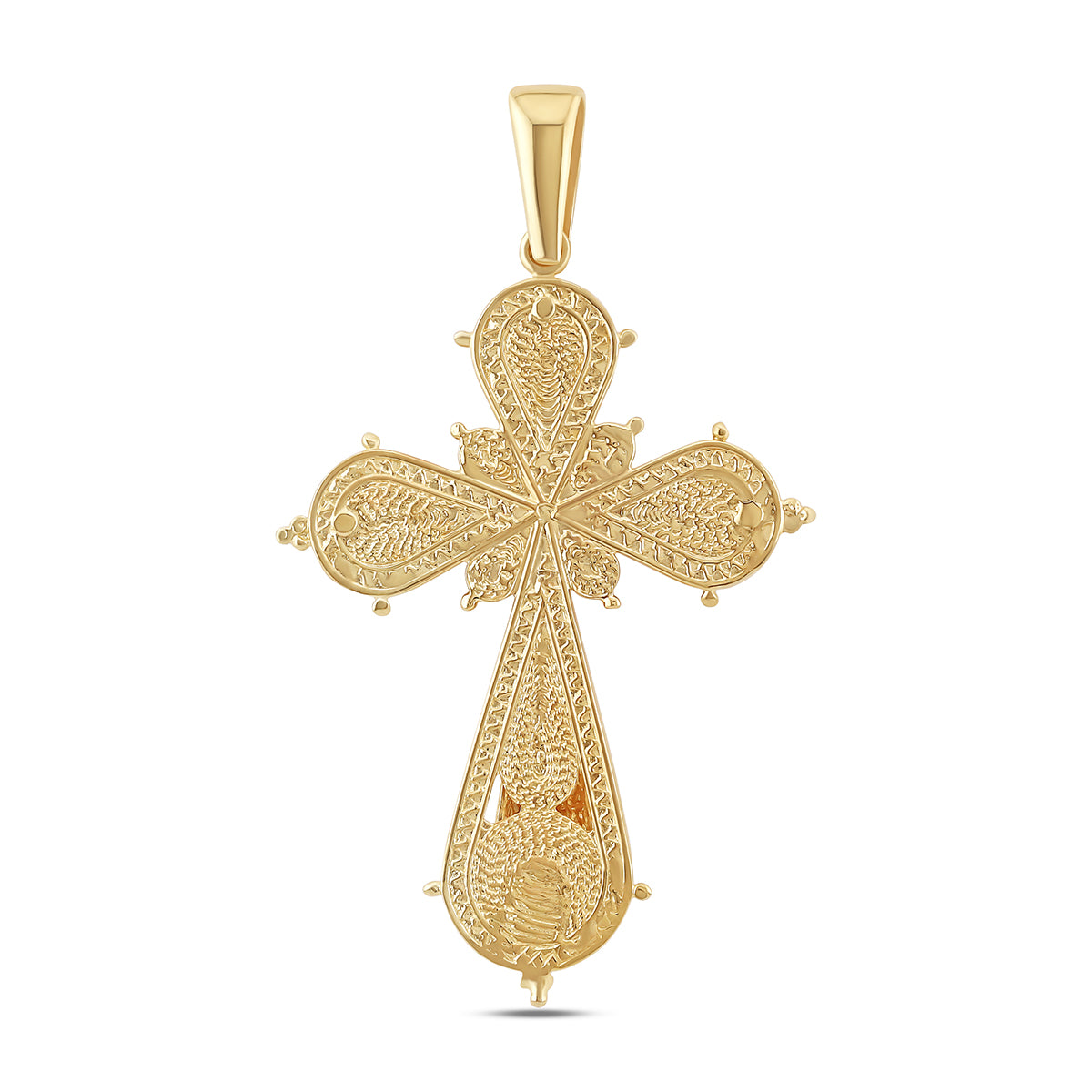 9ct Yellow Gold Polished and Patterned Single Gem Set Large Cross Pendant